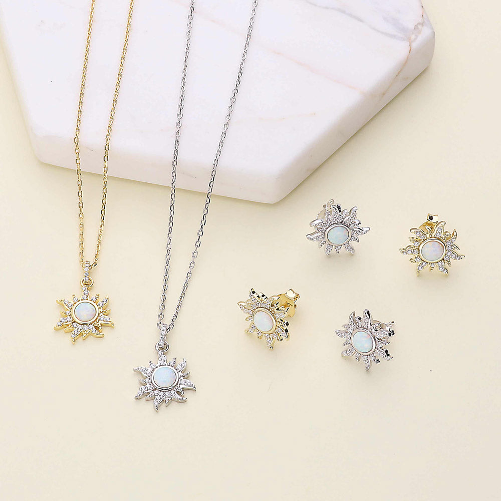 Sun Sunburst Halo Opal-White CZ Stud Earrings in Sterling Silver