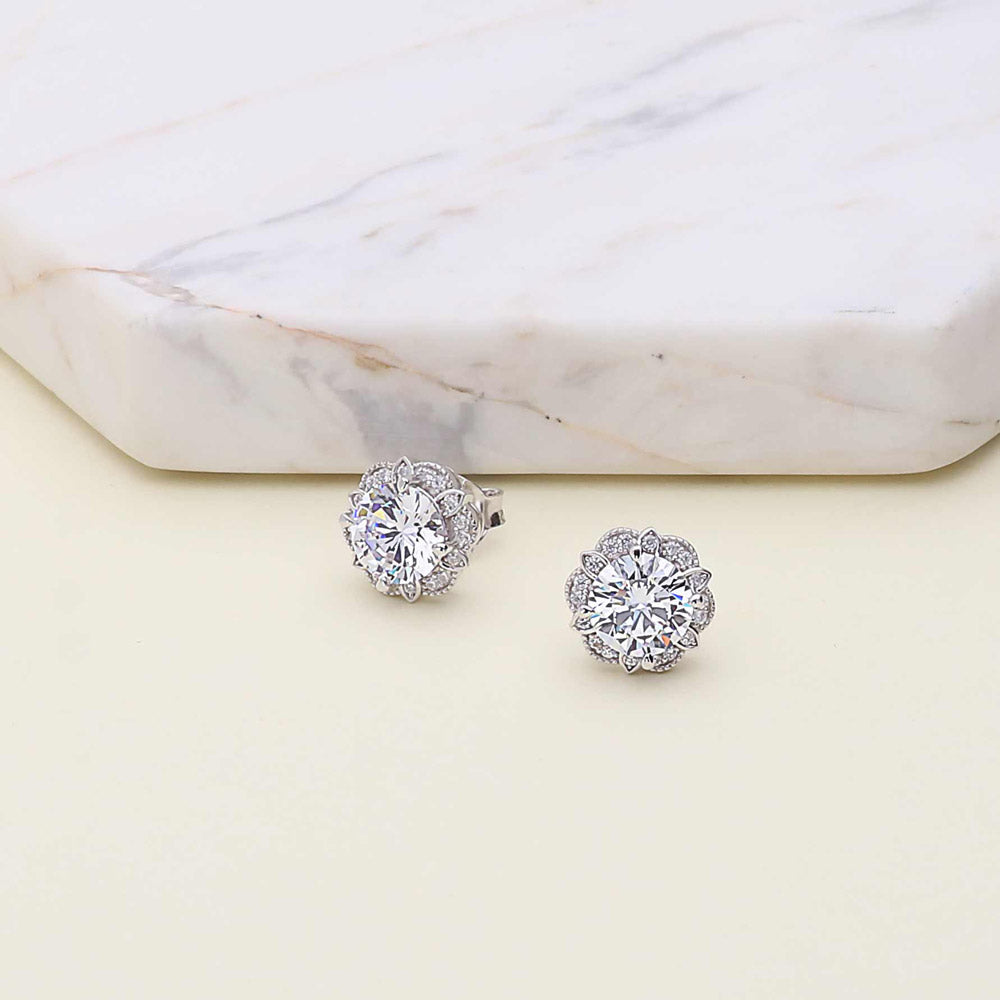 Flower Halo CZ Necklace and Earrings in Sterling Silver