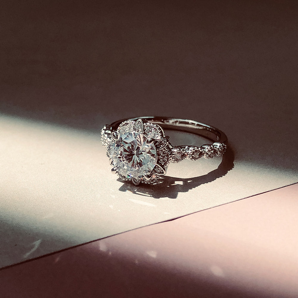 Halo Flower CZ Ring in Sterling Silver