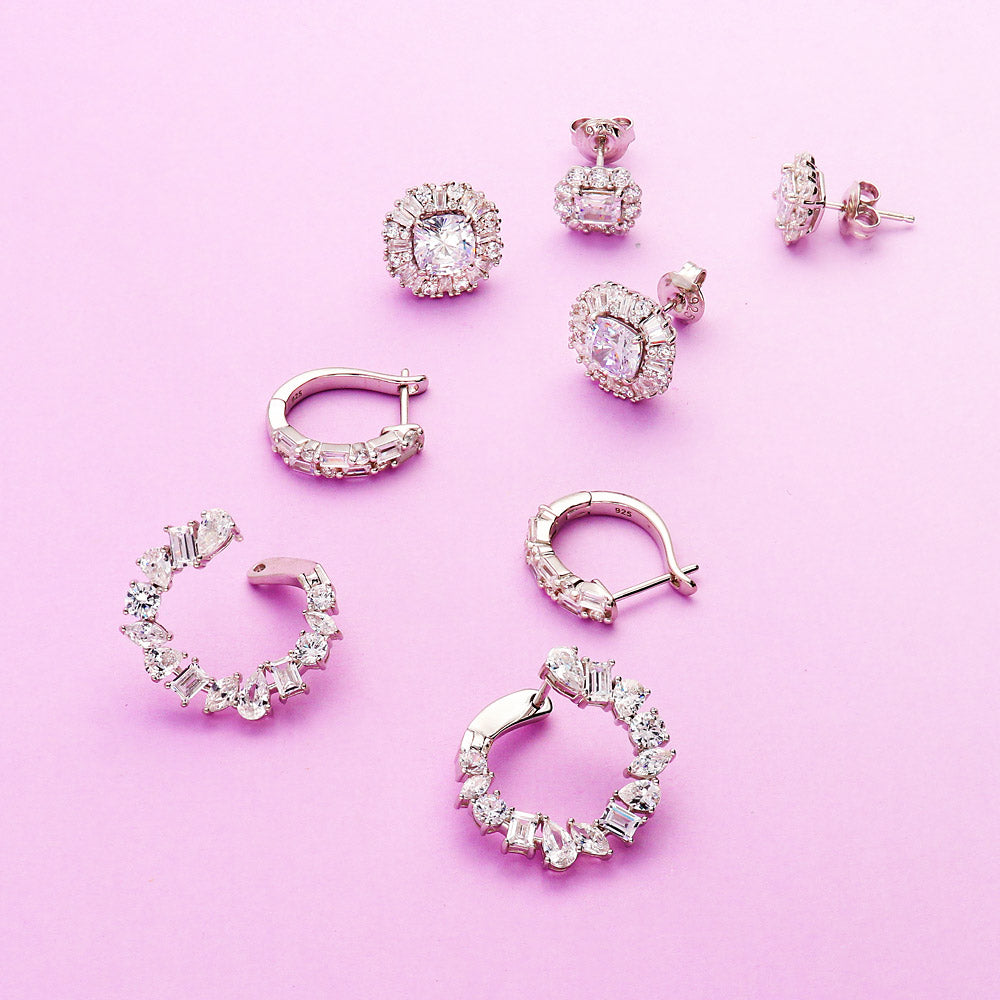 Cluster CZ Small Hoop Earrings in Sterling Silver 0.8"