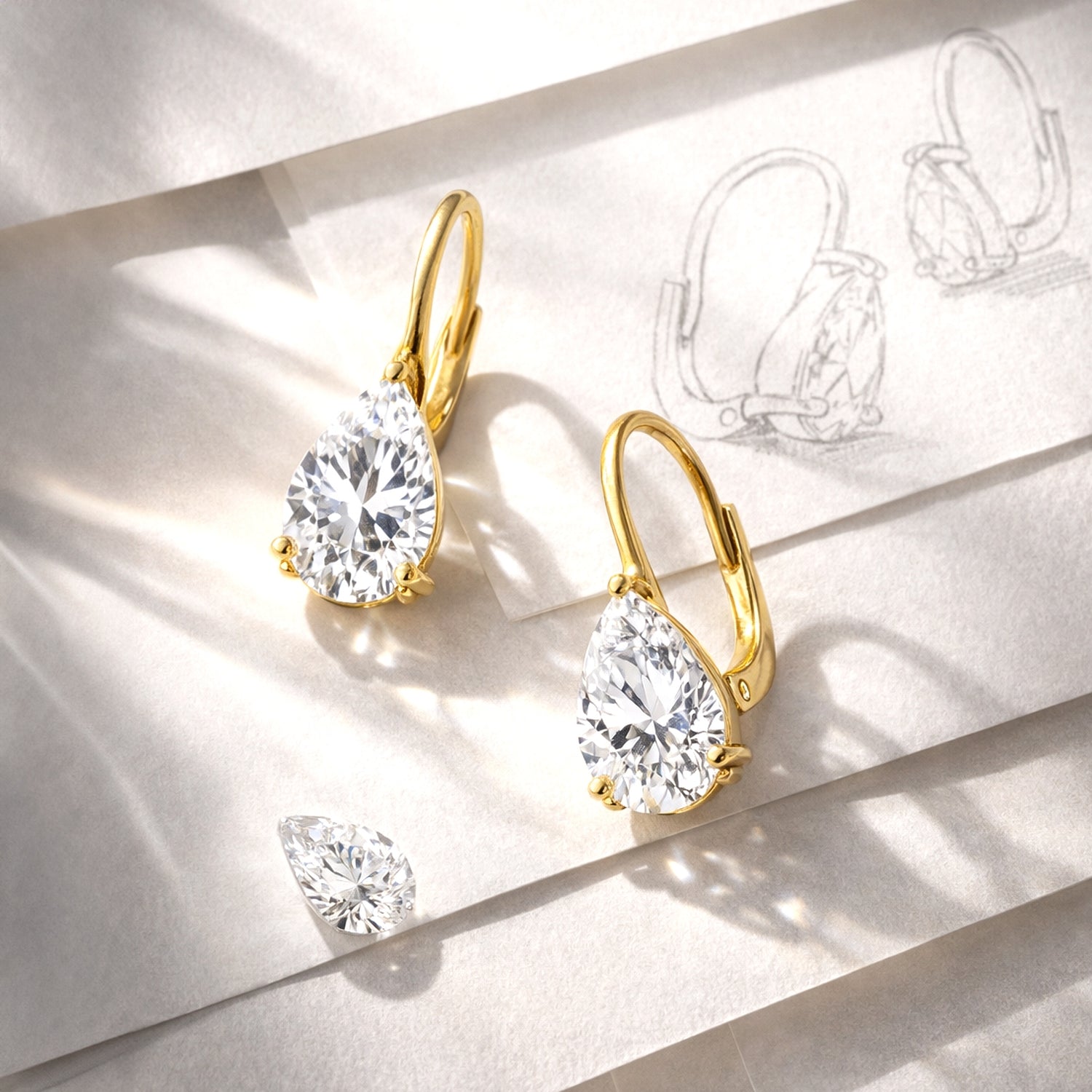 Alternate view of Solitaire 1.6-2.6ct Pear CZ Leverback Earrings in Sterling Silver, Clear, Gold Flashed