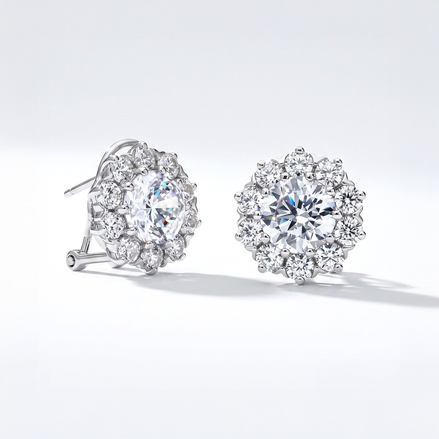 Flower Halo CZ Omega Back Stud Earrings in Sterling Silver