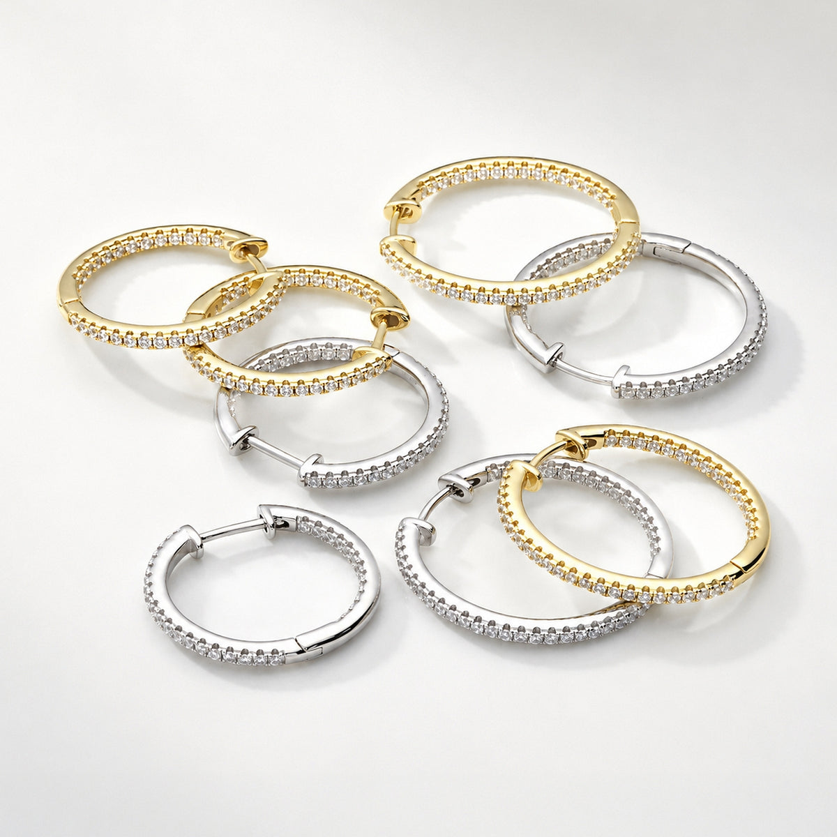 CZ Small Hoop Earrings in Gold Flashed Sterling Silver 0.9-1 inch, 2-Pair Set, 0.9 inch