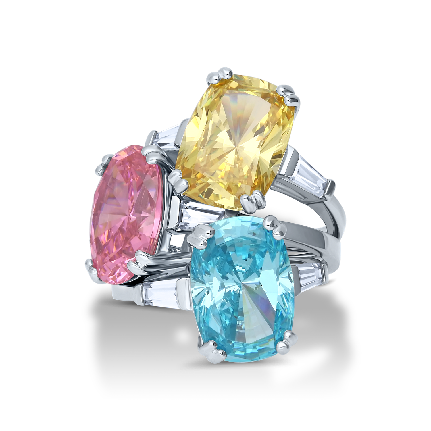 Bold statement 3 stone rings in pastel colors