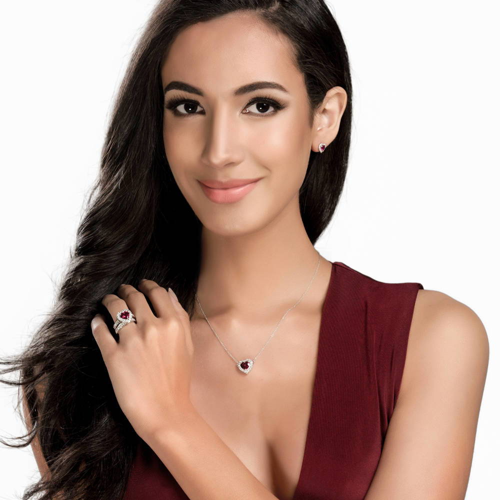 Halo Heart Ruby-Red Heart CZ Ring Set in Sterling Silver