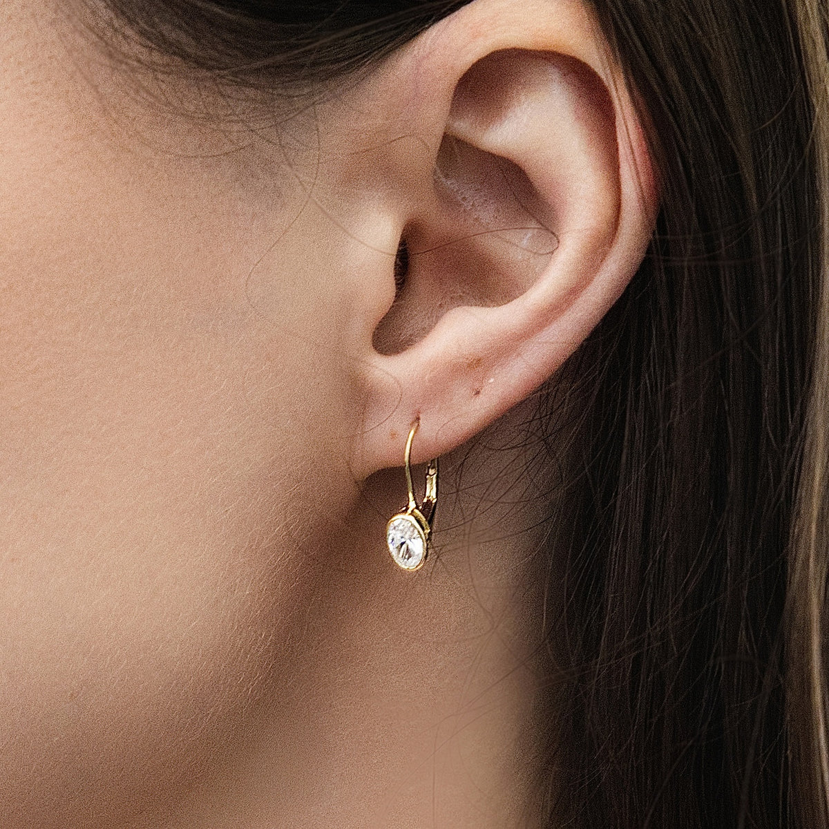 Model Wearing Solitaire Dangle Earrings Style E1922-02