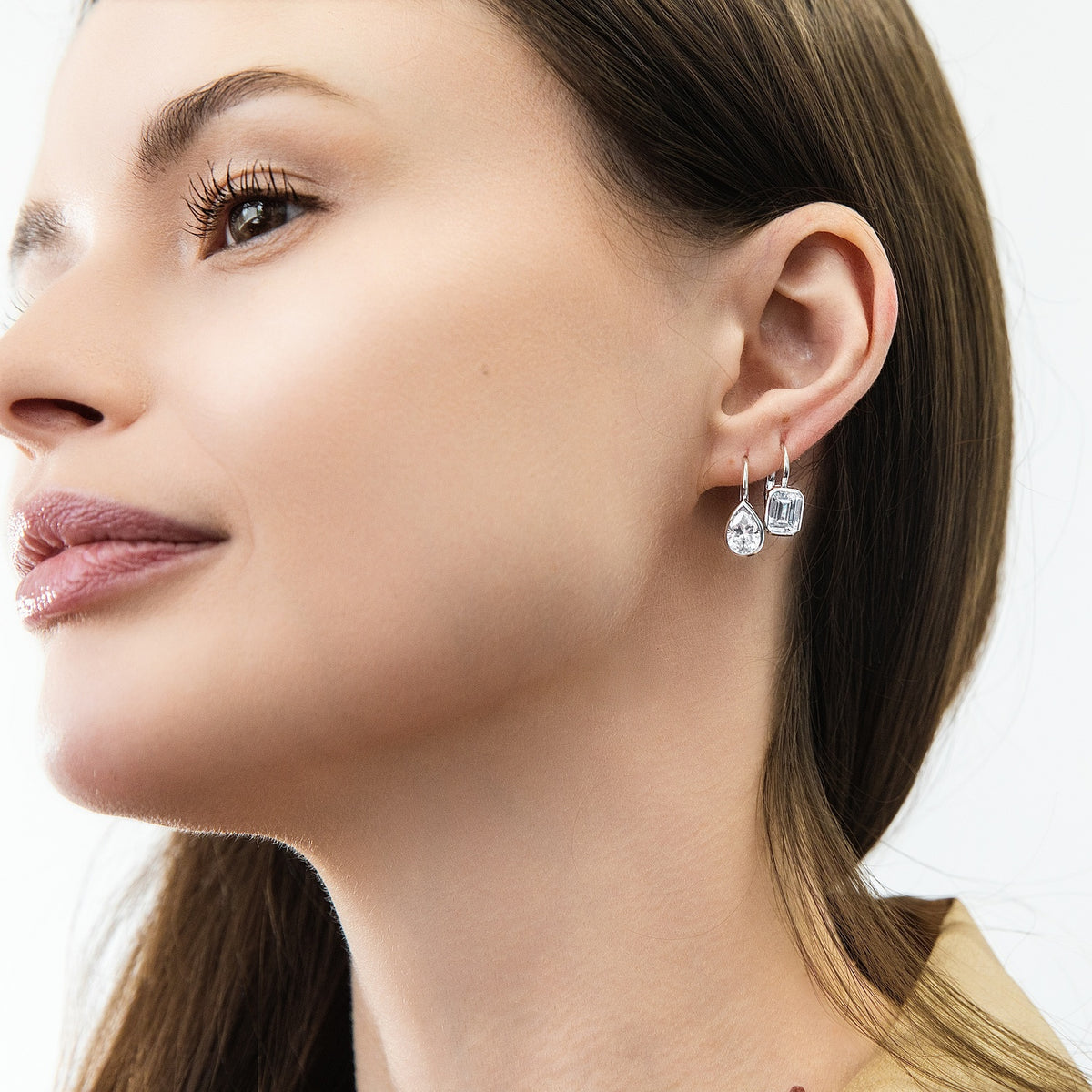 Model Wearing Solitaire Dangle Earrings Style E1920-01, Solitaire Dangle Earrings Style E1921-01