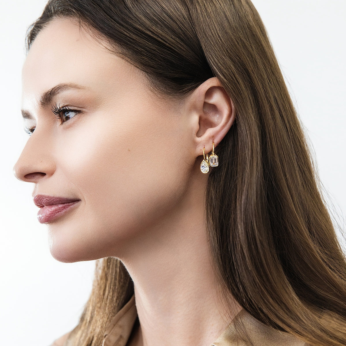 Model Wearing Solitaire Dangle Earrings Style E1920-02, Solitaire Dangle Earrings Style E1921-02