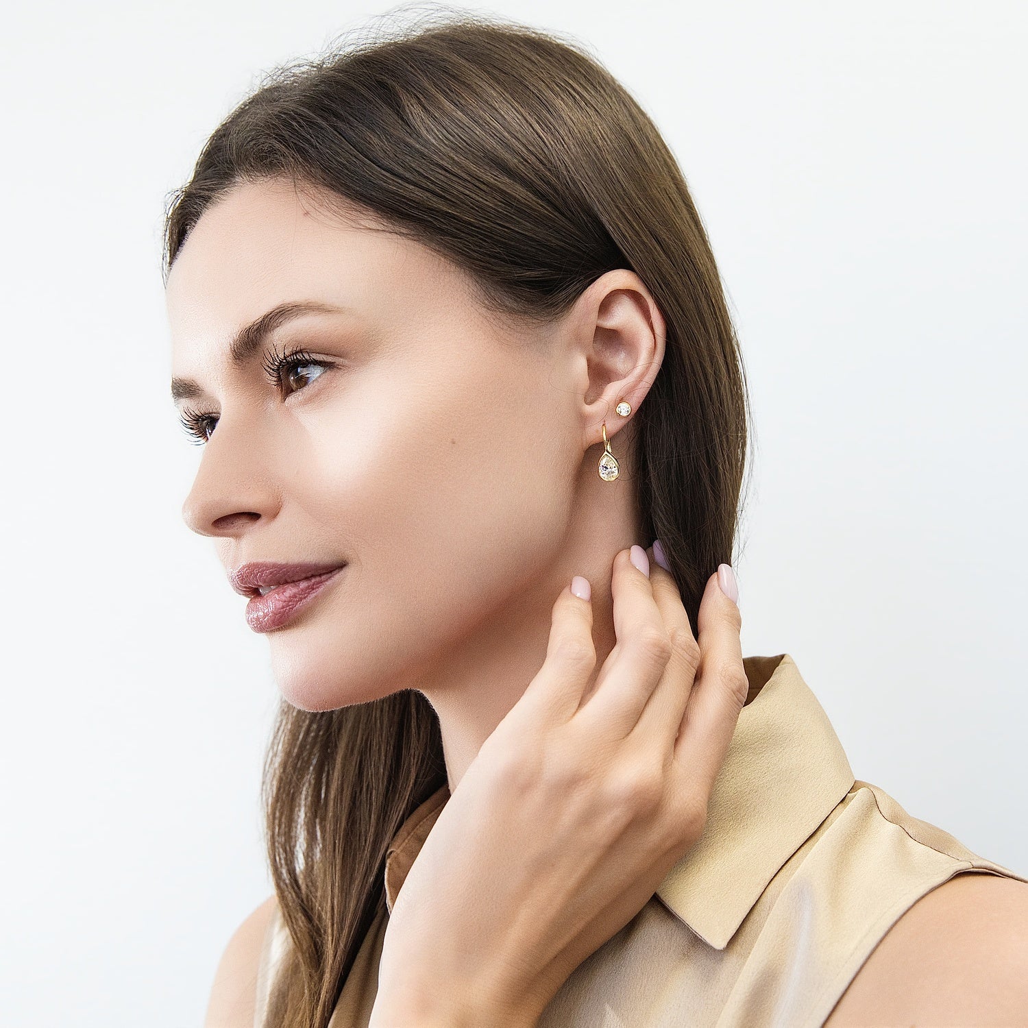 Model Wearing Martini Solitaire Stud Earrings Style E942-G-4-Z, Solitaire Dangle Earrings Style E1921-02