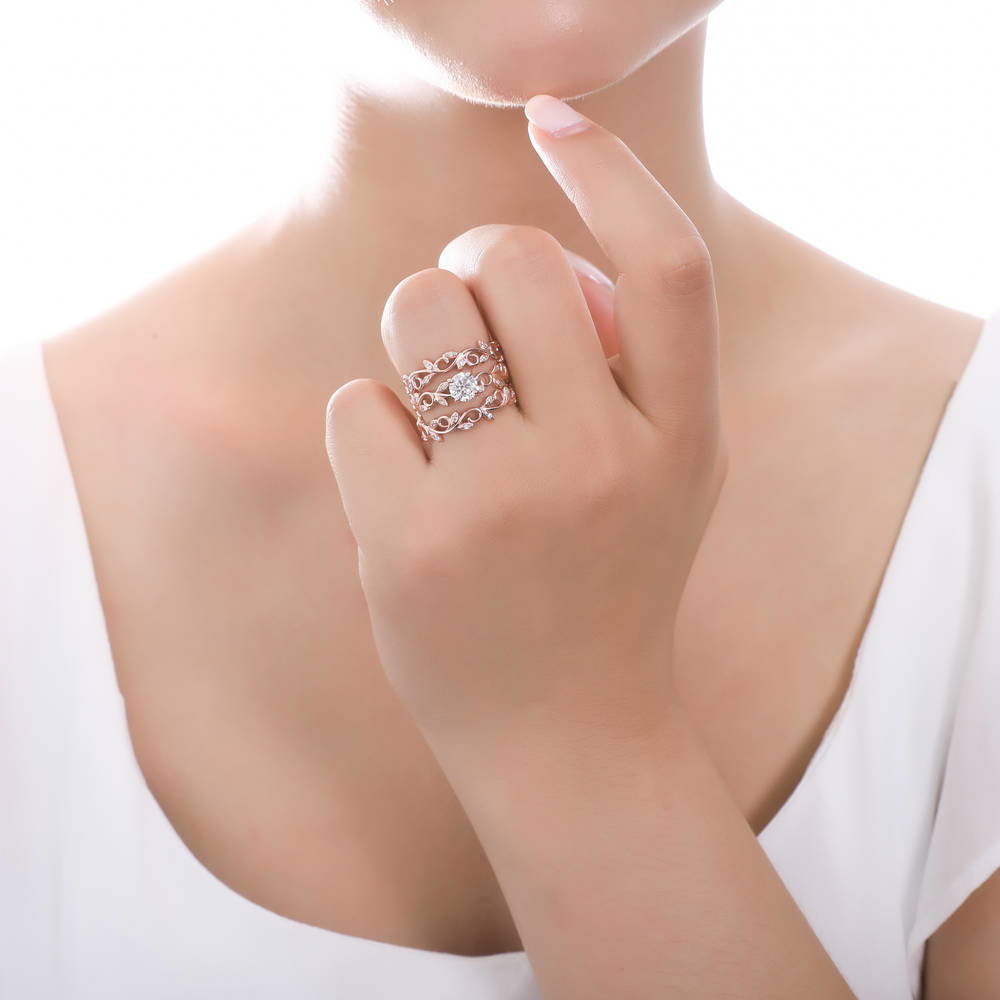 Solitaire Filigree CZ Ring in Rose Gold Plated Sterling Silver