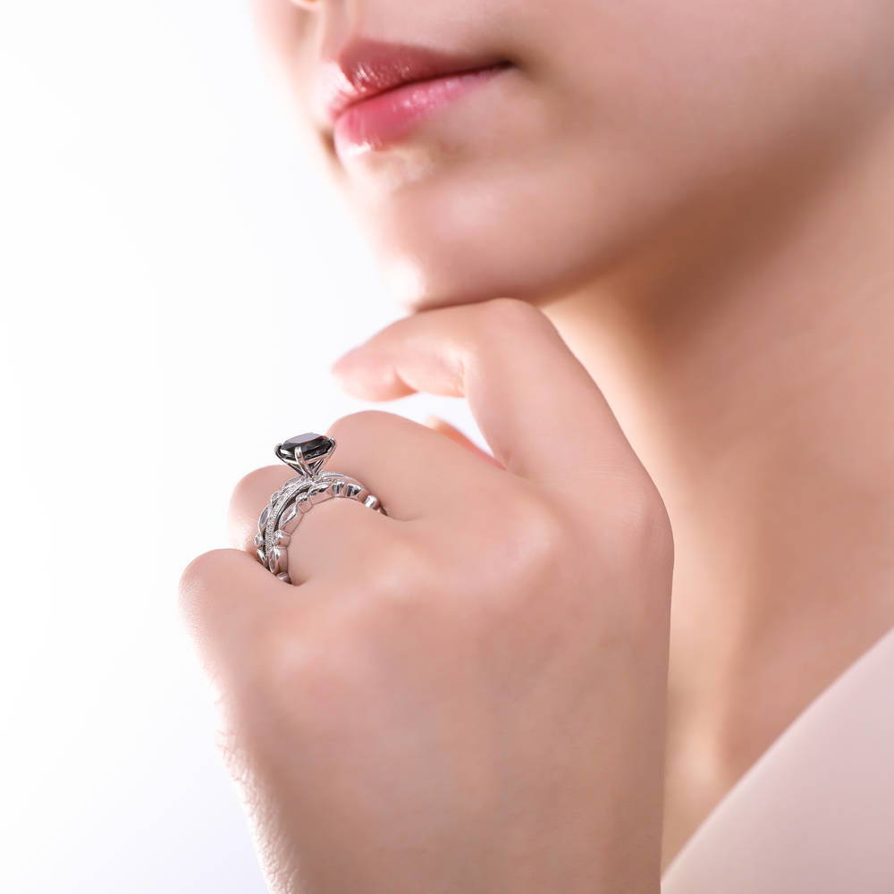 Solitaire 3ct Black Cushion CZ Ring in Sterling Silver