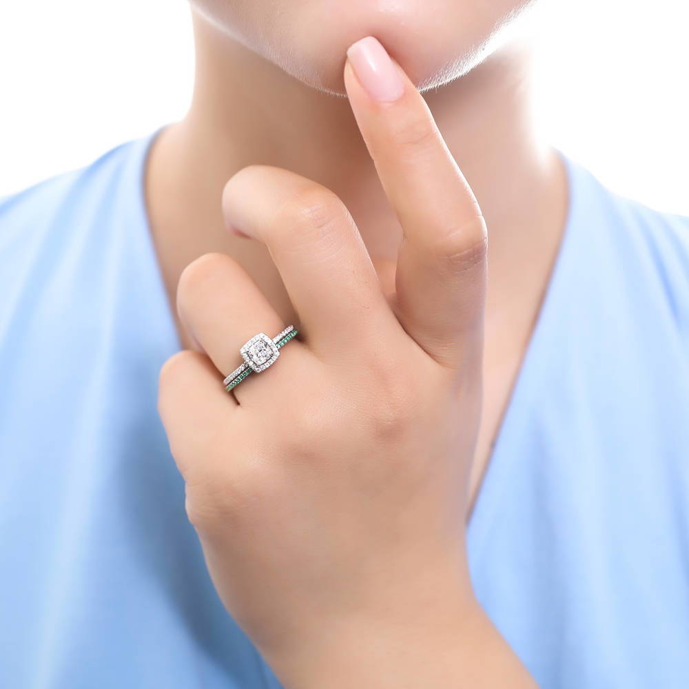 Halo Cushion Cut CZ Ring in Sterling Silver