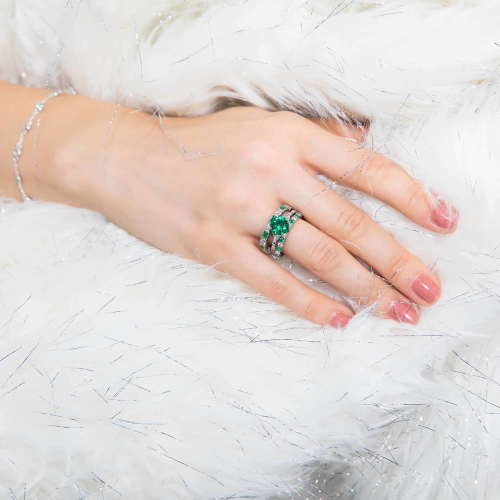 Model wearing Station CZ Station Bracelet in Sterling Silver, Rhodium Plated, Green