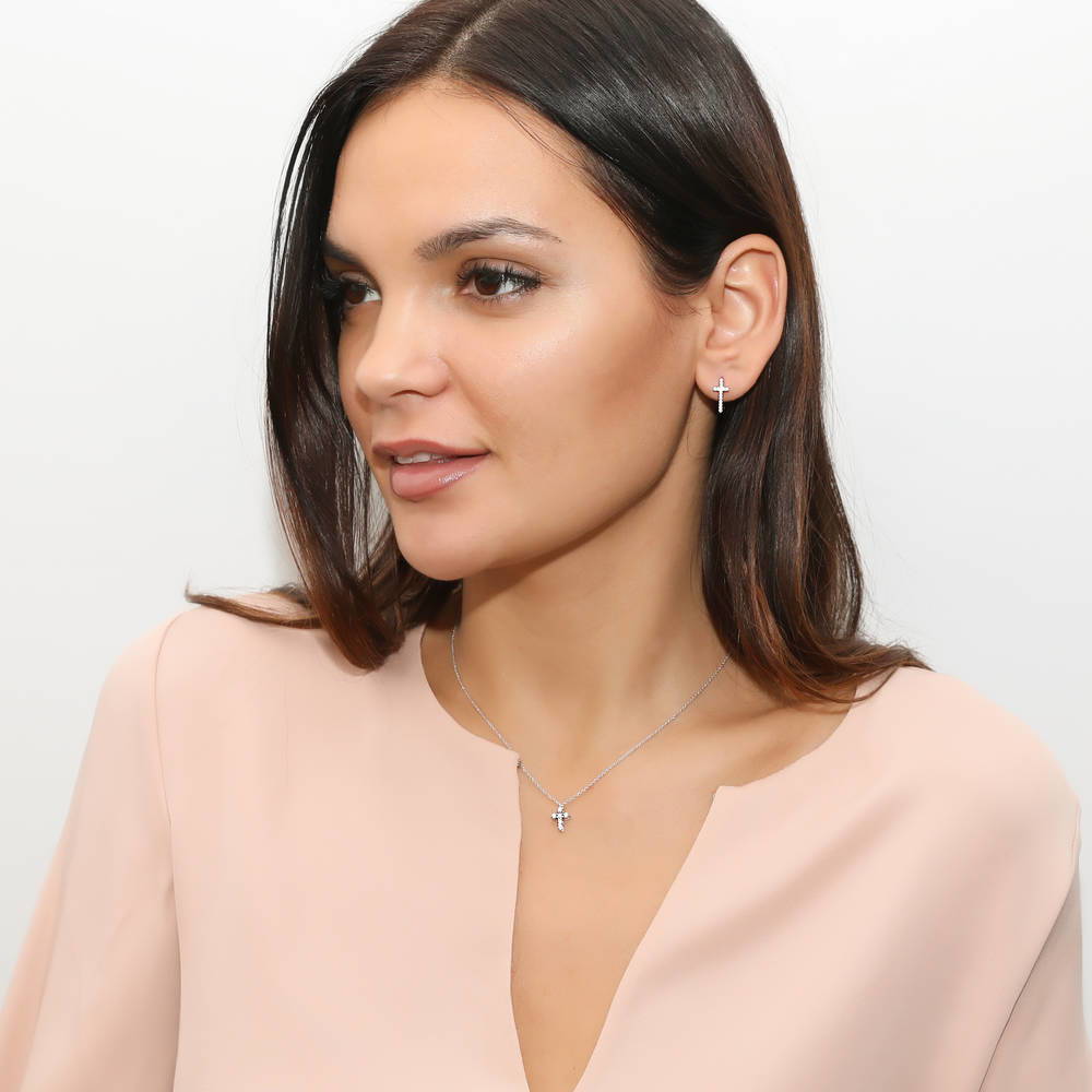 Cross CZ Layered Necklace Set in Gold Flashed Sterling Silver