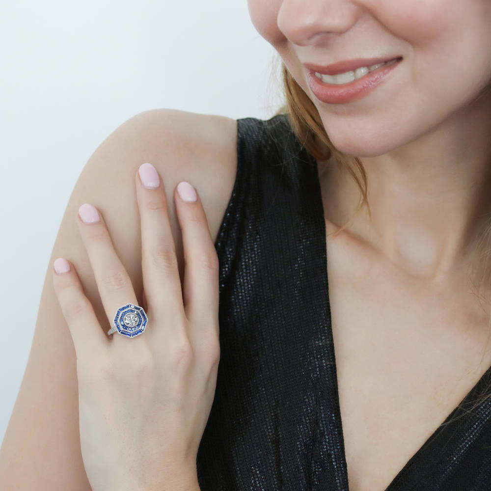 Halo Art Deco Milgrain CZ Ring in Sterling Silver