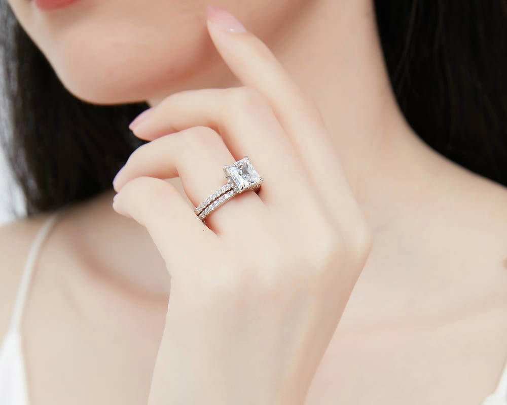 Sterling Silver Princess CZ Hidden Halo Solitaire Ring Set 3.7 CTW
