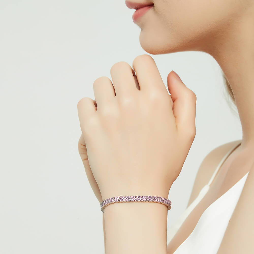 Model wearing Bar CZ Tennis Bracelet in Sterling Silver, Purple Color