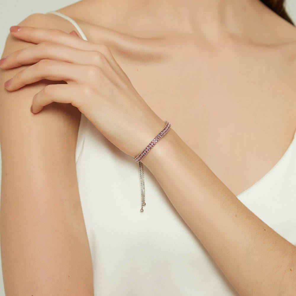 Model wearing Bar CZ Tennis Bracelet in Sterling Silver, Red Color