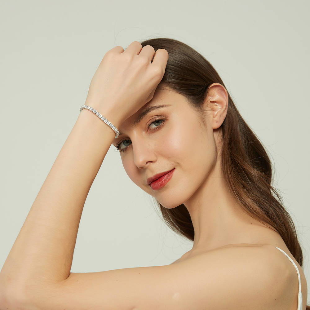 Model wearing Bar CZ Tennis Bracelet in Sterling Silver, Clear Color