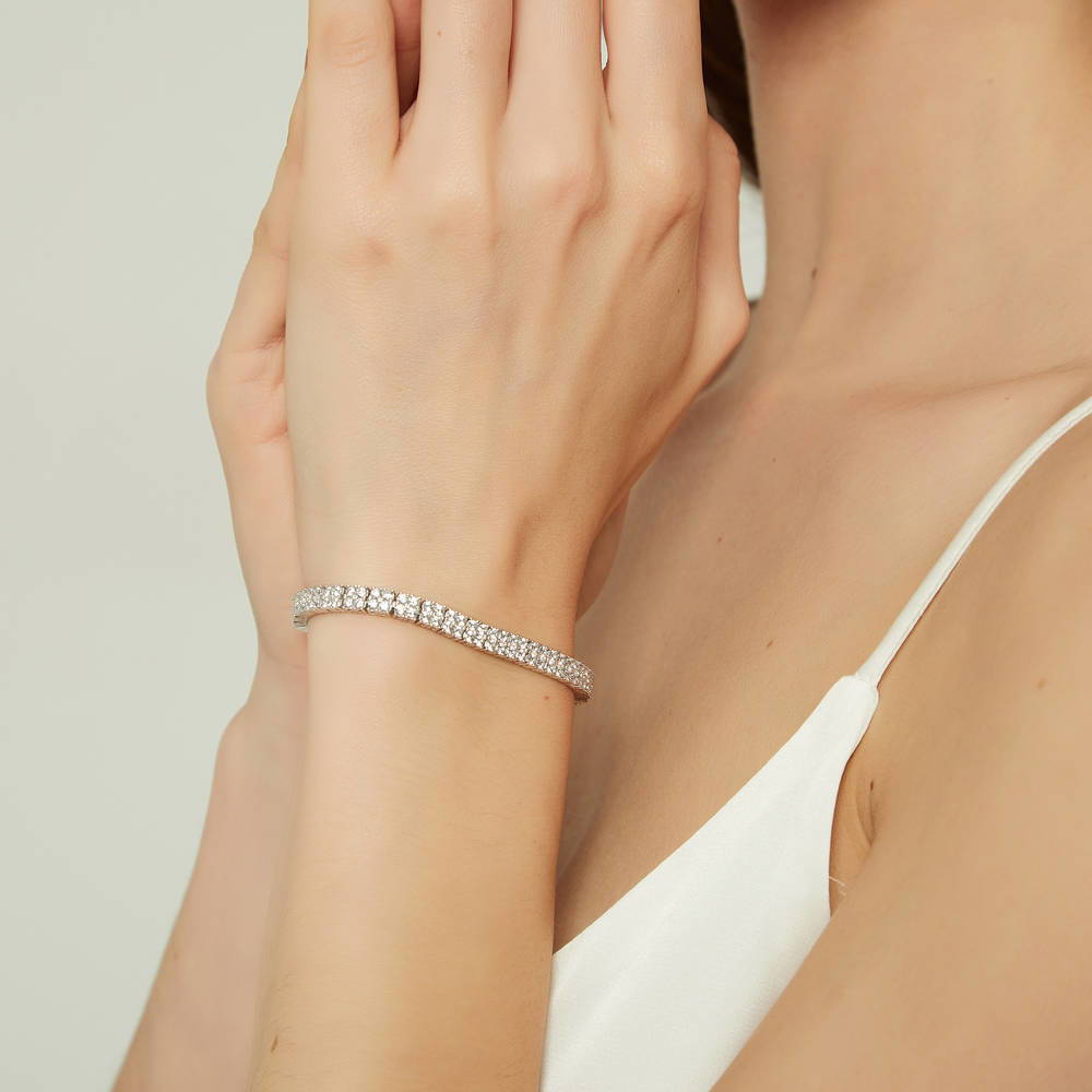 Model wearing Bar CZ Tennis Bracelet in Sterling Silver, Clear Color