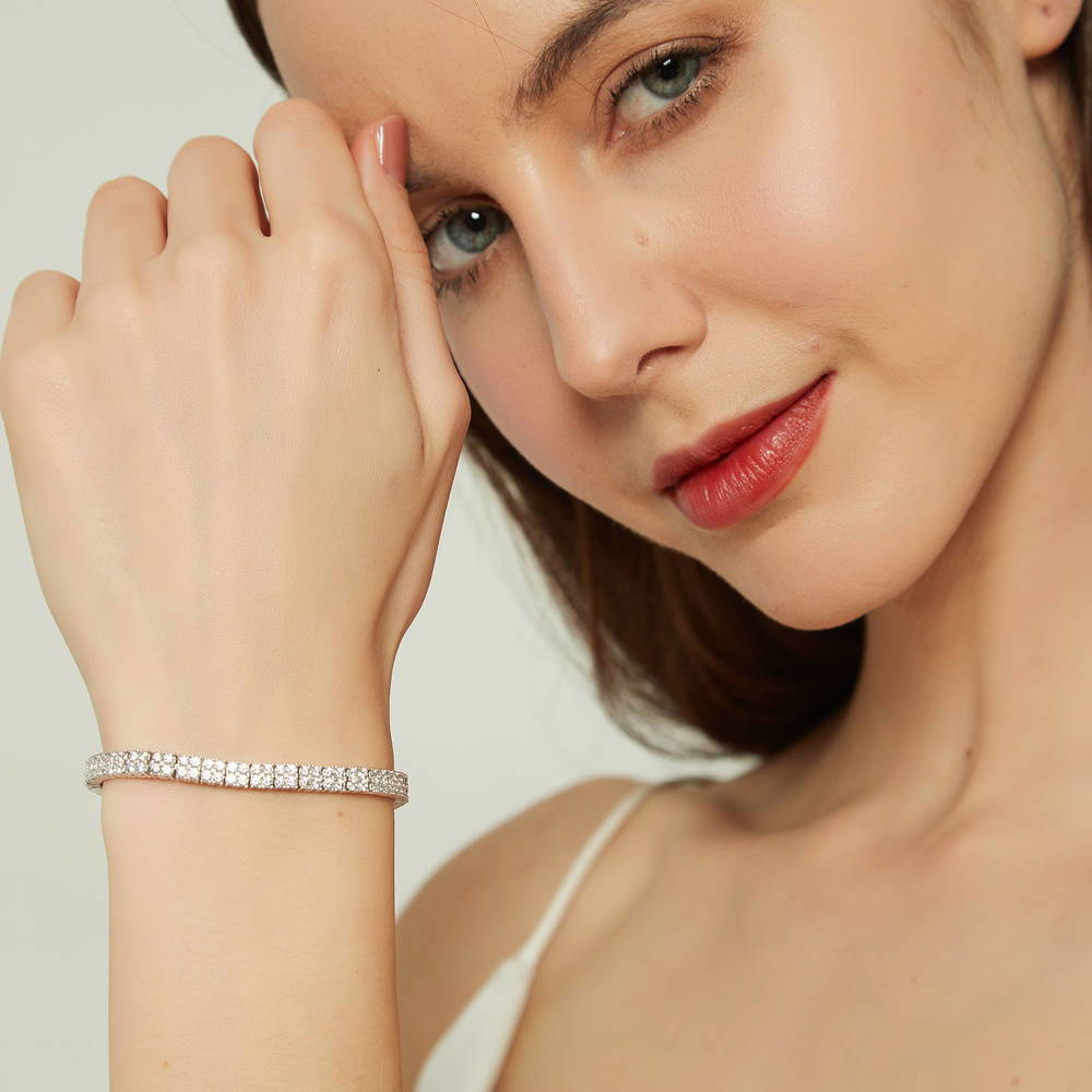 Model wearing Bar CZ Tennis Bracelet in Sterling Silver, Clear Color