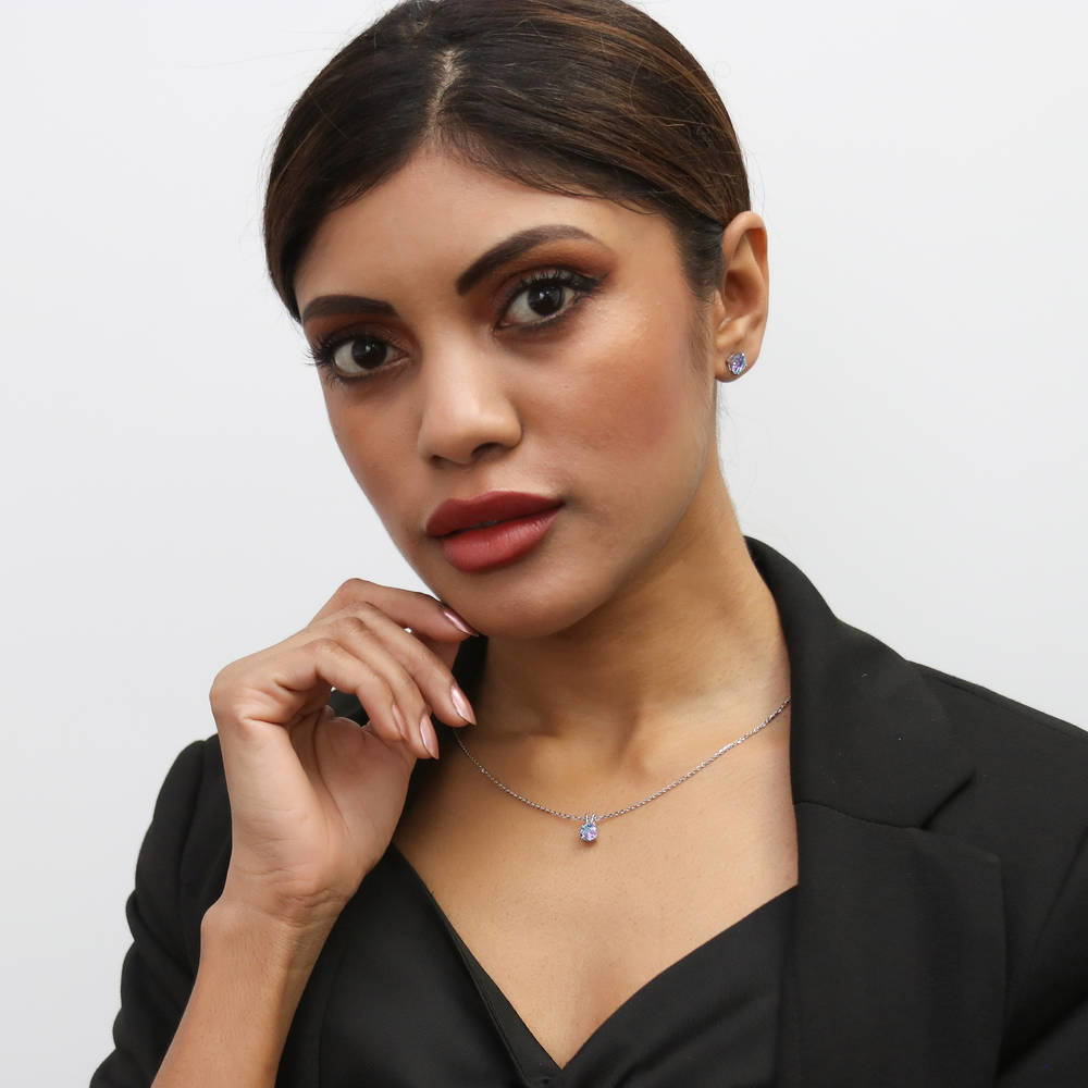 Model wearing Kaleidoscope Solitaire 0.8ct CZ Necklace in Sterling Silver, Purple Aqua Color