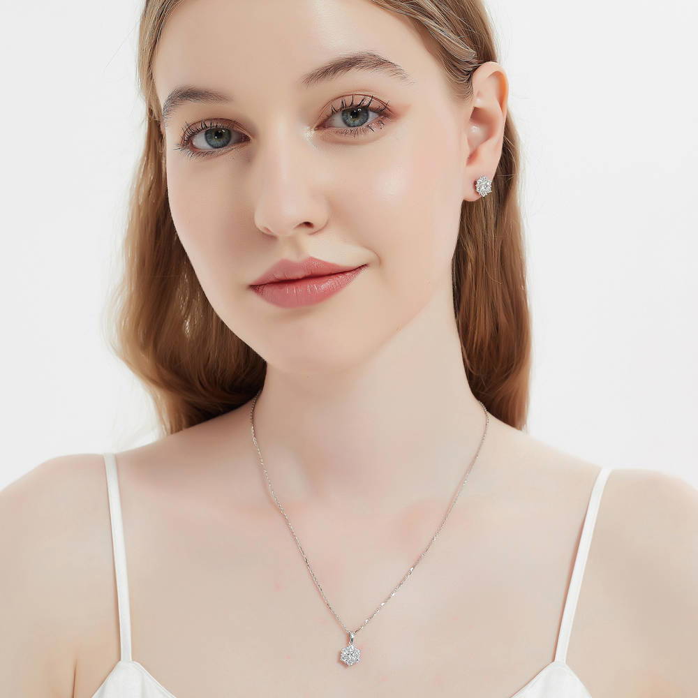Flower Halo CZ Necklace and Earrings in Sterling Silver
