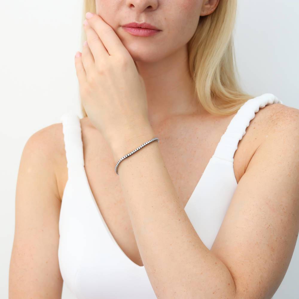 Model wearing Bar CZ Tennis Bracelet in Sterling Silver, Rhodium Plated