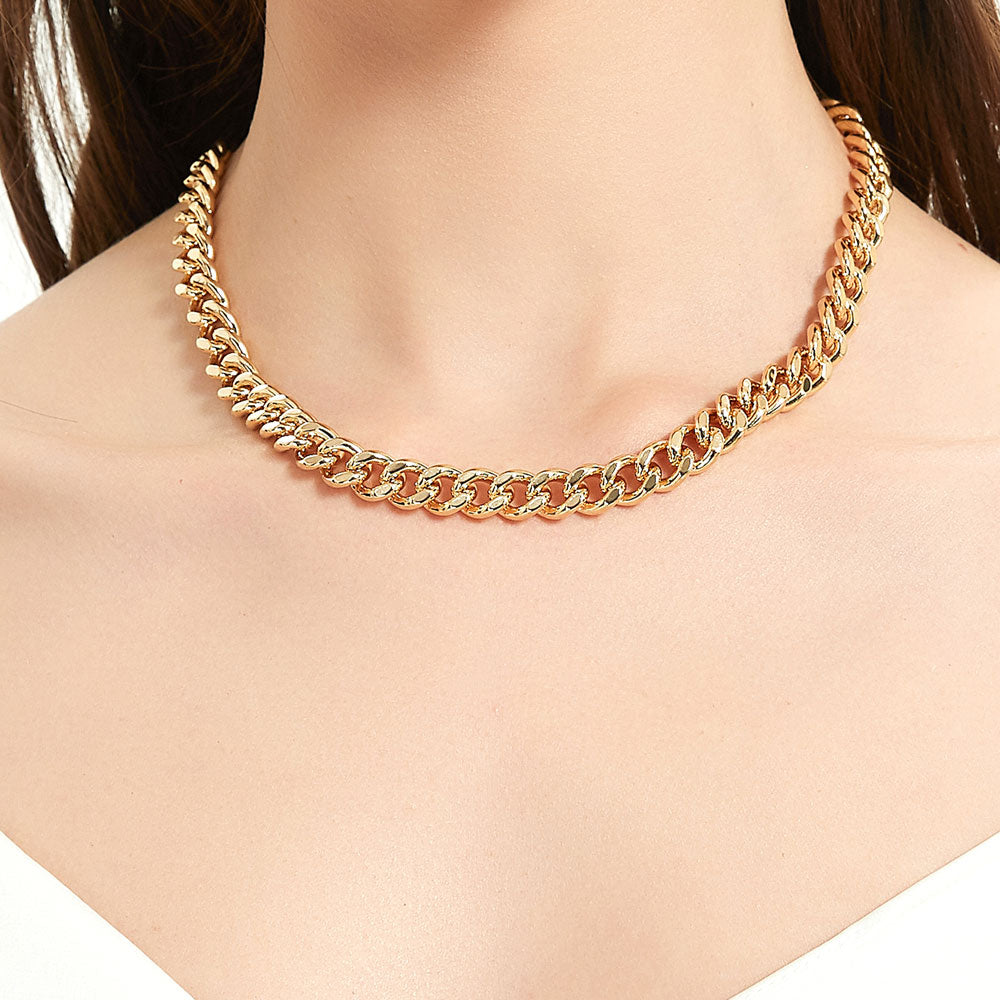 Model wearing Curb Necklace and Chain Bracelet, 2-Piece, Gold-Tone