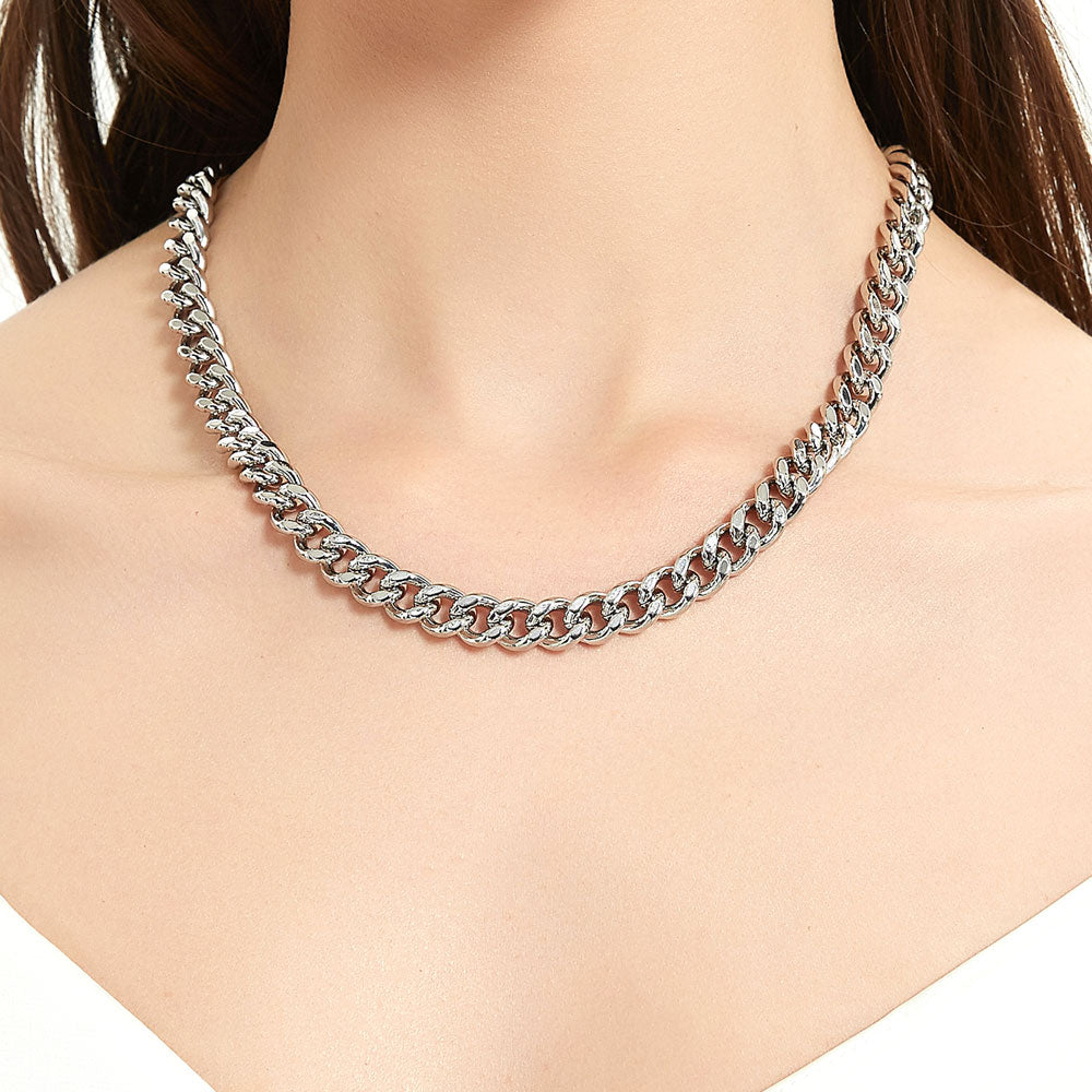 Model wearing Curb Necklace and Chain Bracelet, 2-Piece, Gold-Tone