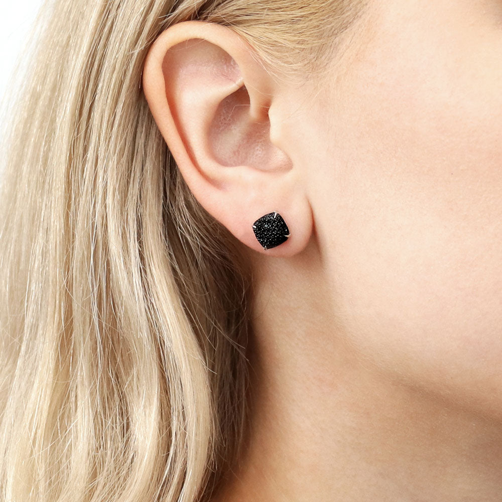 Model wearing Square CZ Stud Earrings in Sterling Silver, Black Color