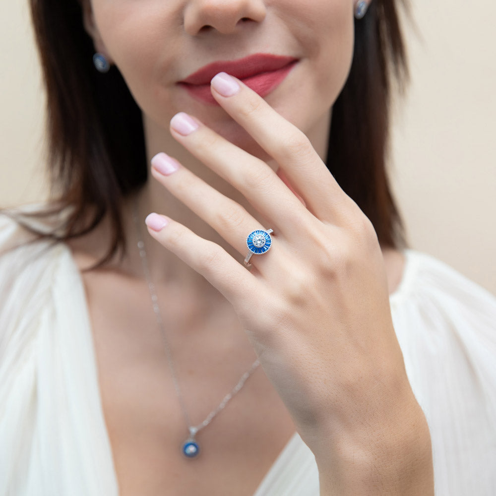 Halo Art Deco Milgrain CZ Ring in Sterling Silver