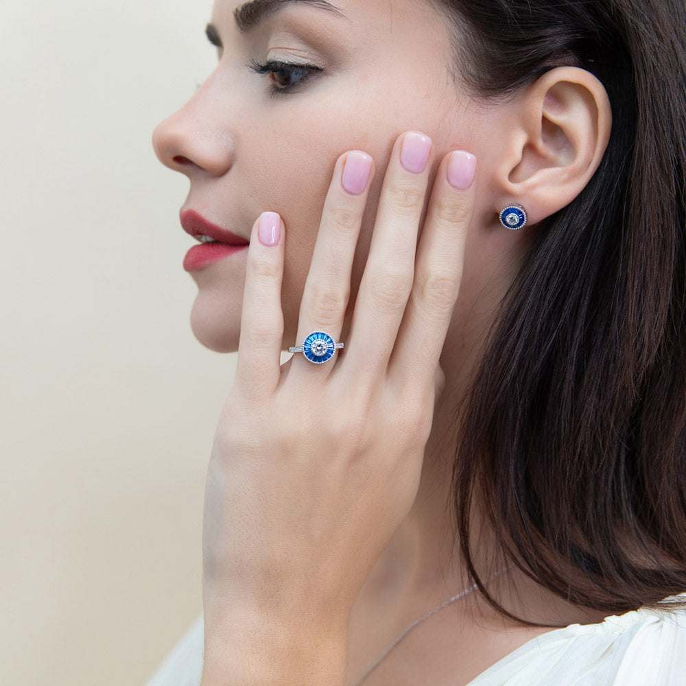 Halo Art Deco Milgrain CZ Set in Sterling Silver