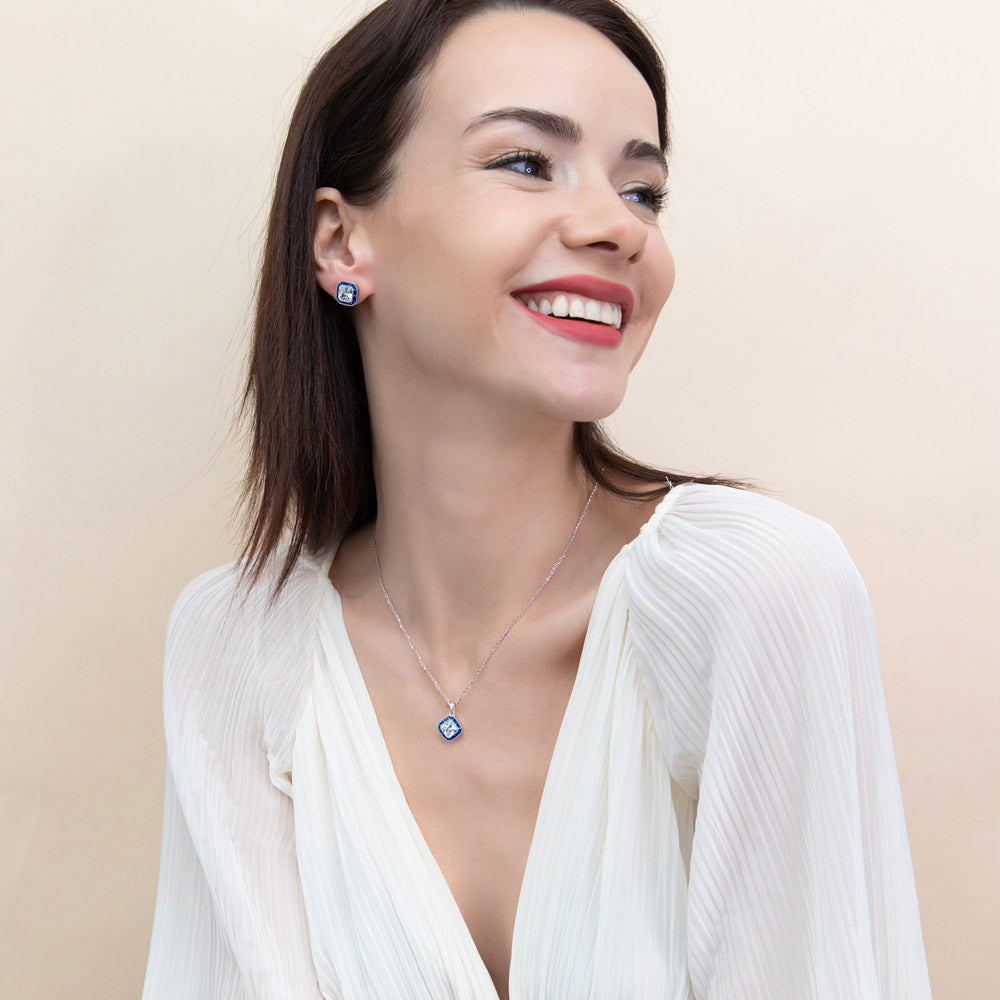 Model wearing Halo Art Deco Princess CZ Necklace and Earrings Set in Sterling Silver, 2 of 12
