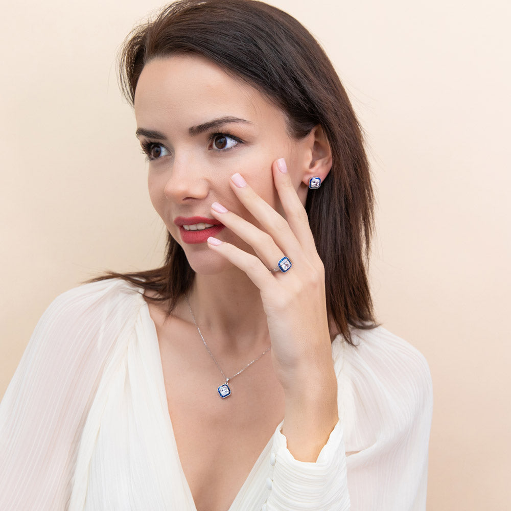 Model wearing Halo Art Deco Princess CZ Necklace and Earrings Set in Sterling Silver, 3 of 12