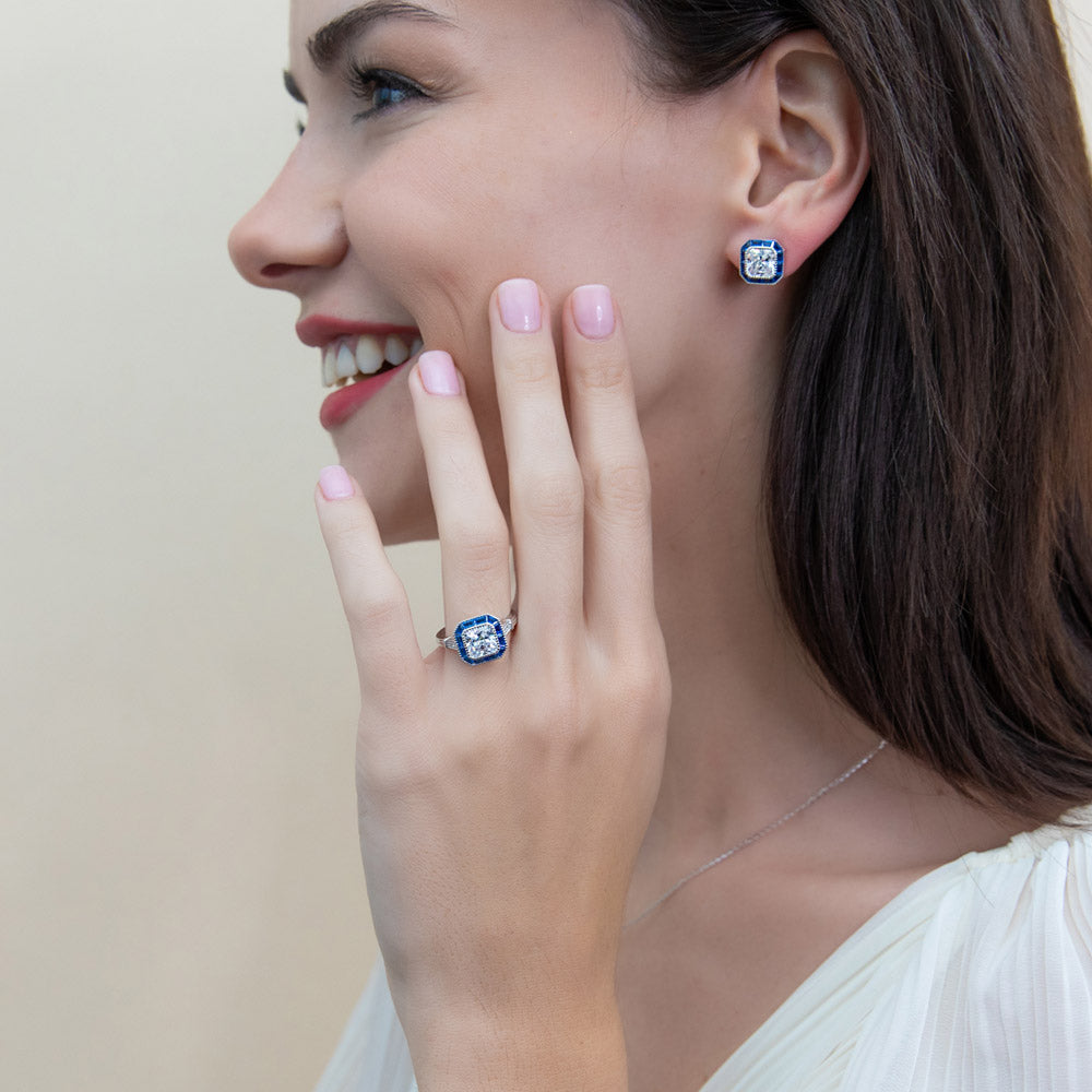 Halo Art Deco Milgrain Princess CZ Set in Sterling Silver