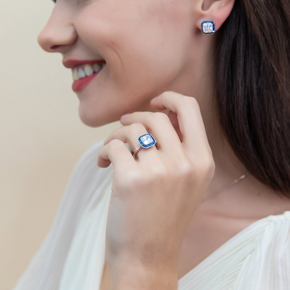 Halo Art Deco Milgrain Princess CZ Ring in Sterling Silver