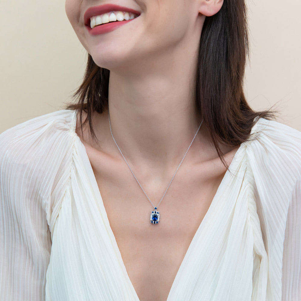 Model wearing Vintage Style Simulated Blue Sapphire CZ Set in Sterling Silver, 3 of 11