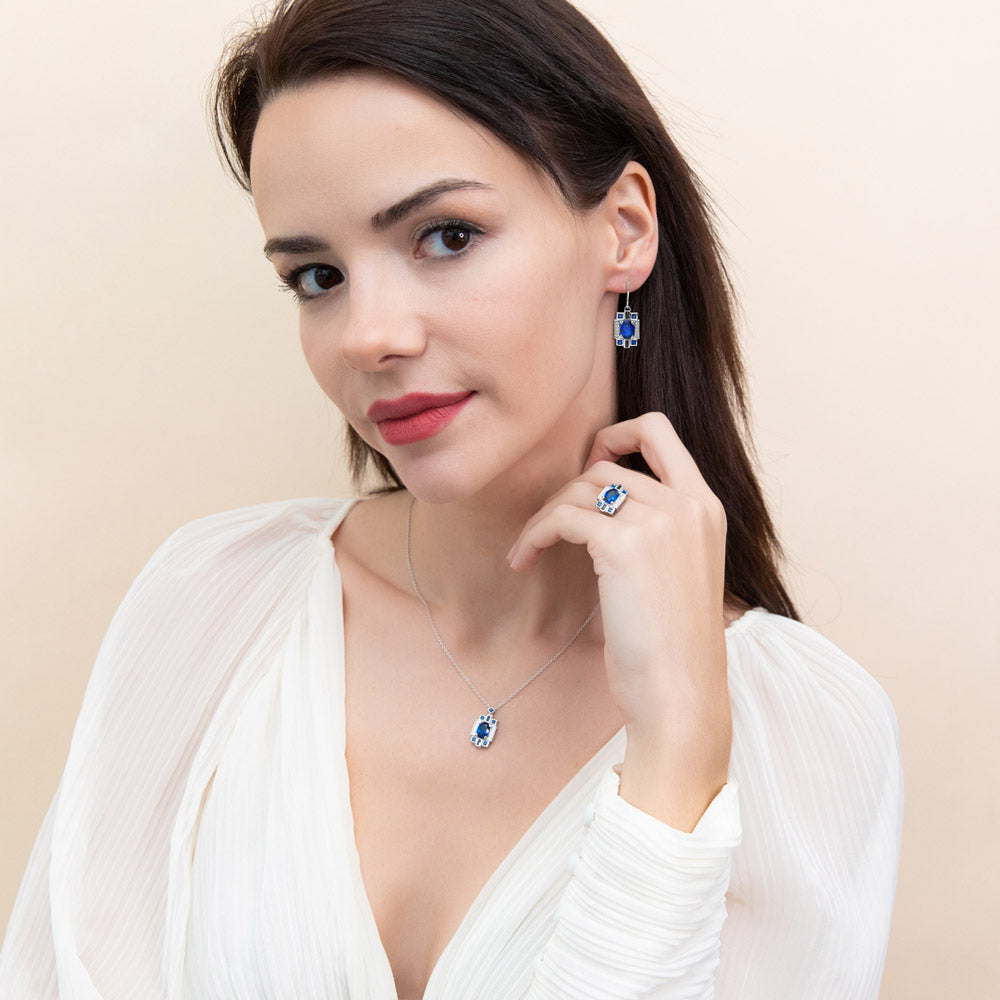 Model wearing Vintage Style Simulated Blue Sapphire CZ Set in Sterling Silver, 2 of 11