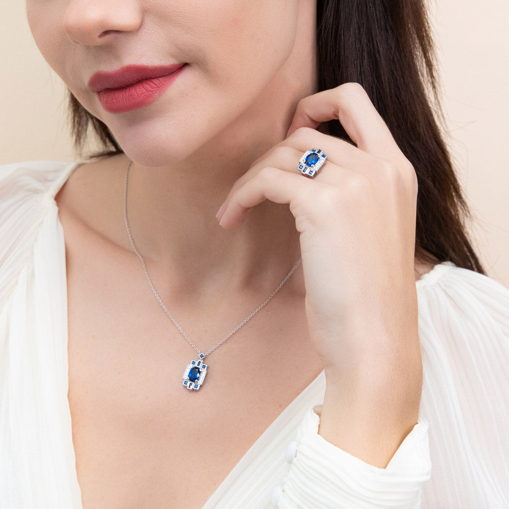 Model wearing Vintage Style Simulated Blue Sapphire CZ Set in Sterling Silver, 7 of 11