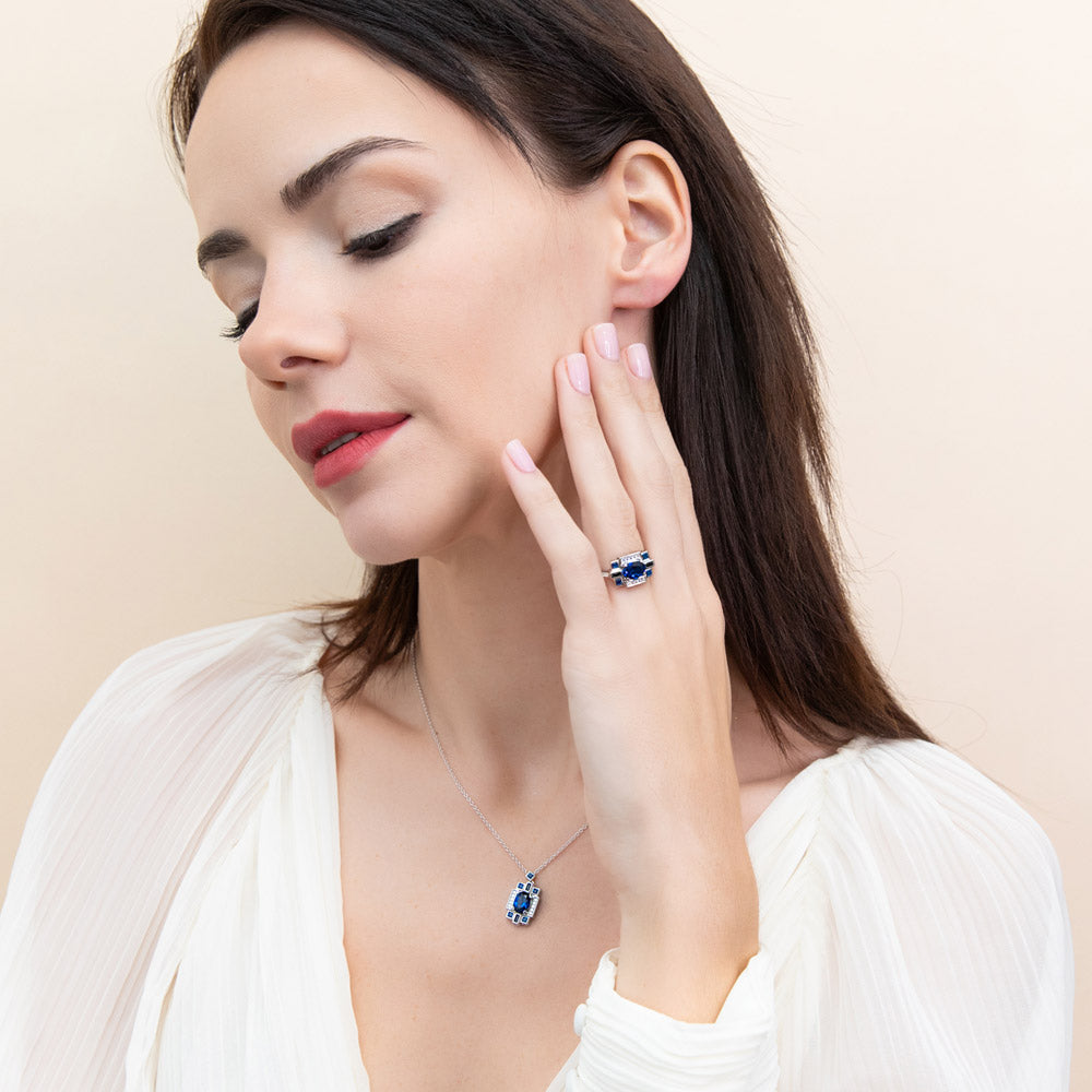 Model wearing Vintage Style Simulated Blue Sapphire CZ Set in Sterling Silver, 6 of 11