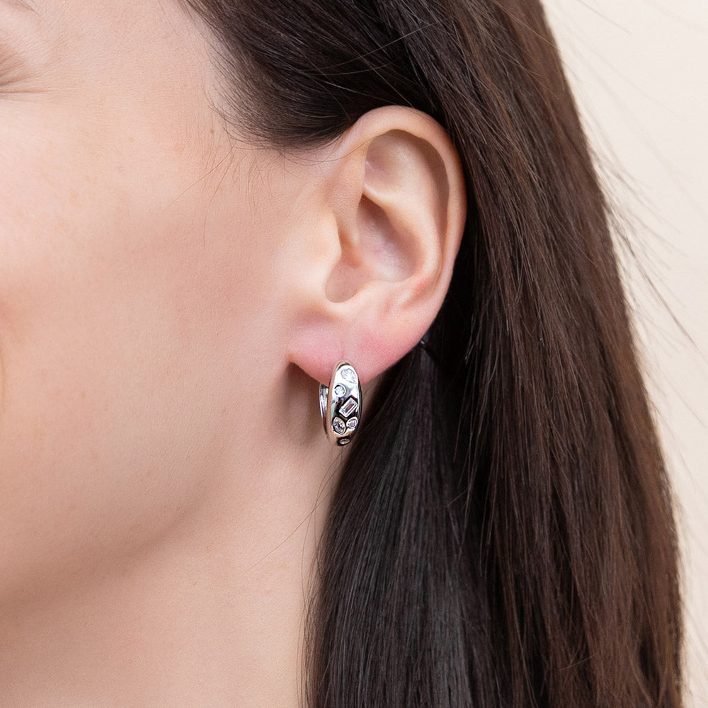 Dome CZ Small Hoop Earrings in Sterling Silver 0.8"