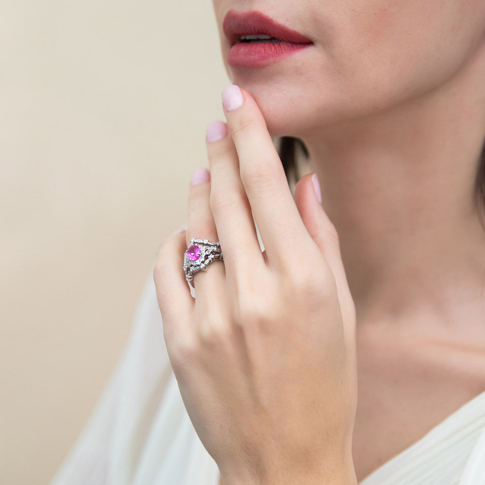 Halo Art Deco Chevron V Shaped CZ Ring Set in Sterling Silver