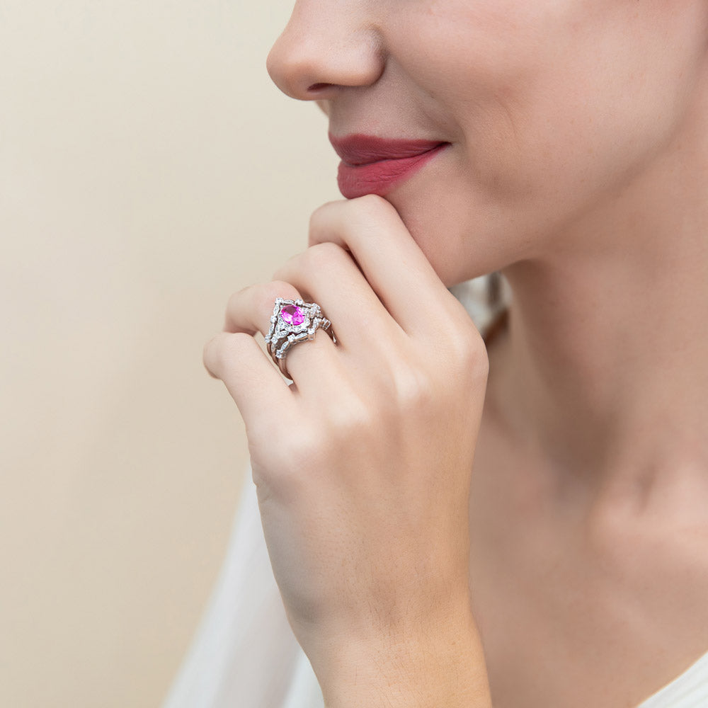 Halo Art Deco Chevron V Shaped CZ Ring Set in Sterling Silver