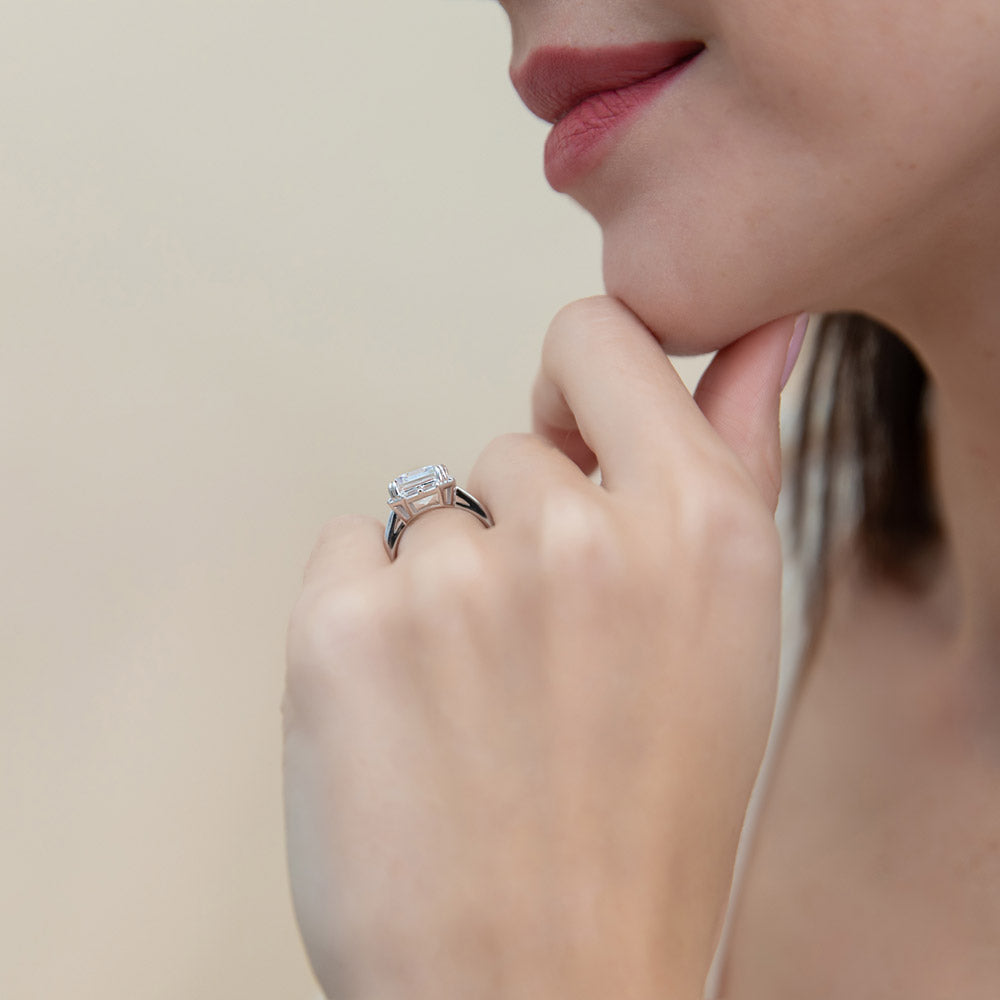 Halo Art Deco Emerald Cut CZ Ring in Sterling Silver