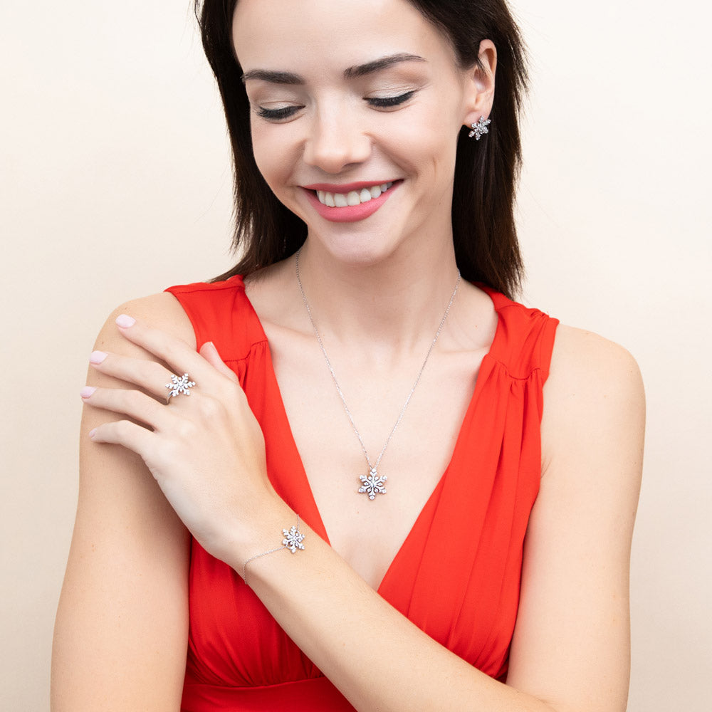 Model wearing Snowflake CZ Necklace and Earrings Set in Sterling Silver, 3 of 12