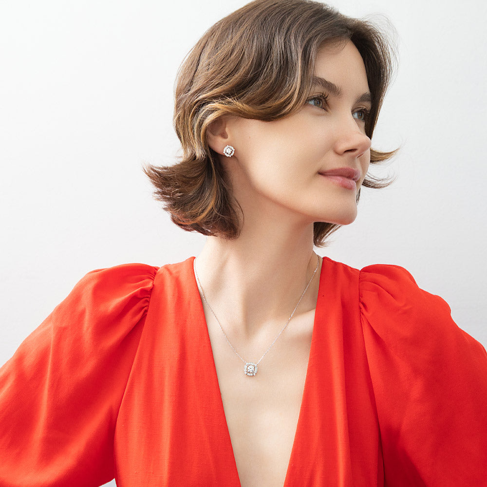 Model wearing Flower Halo CZ Necklace and Earrings in Sterling Silver, Clear Color