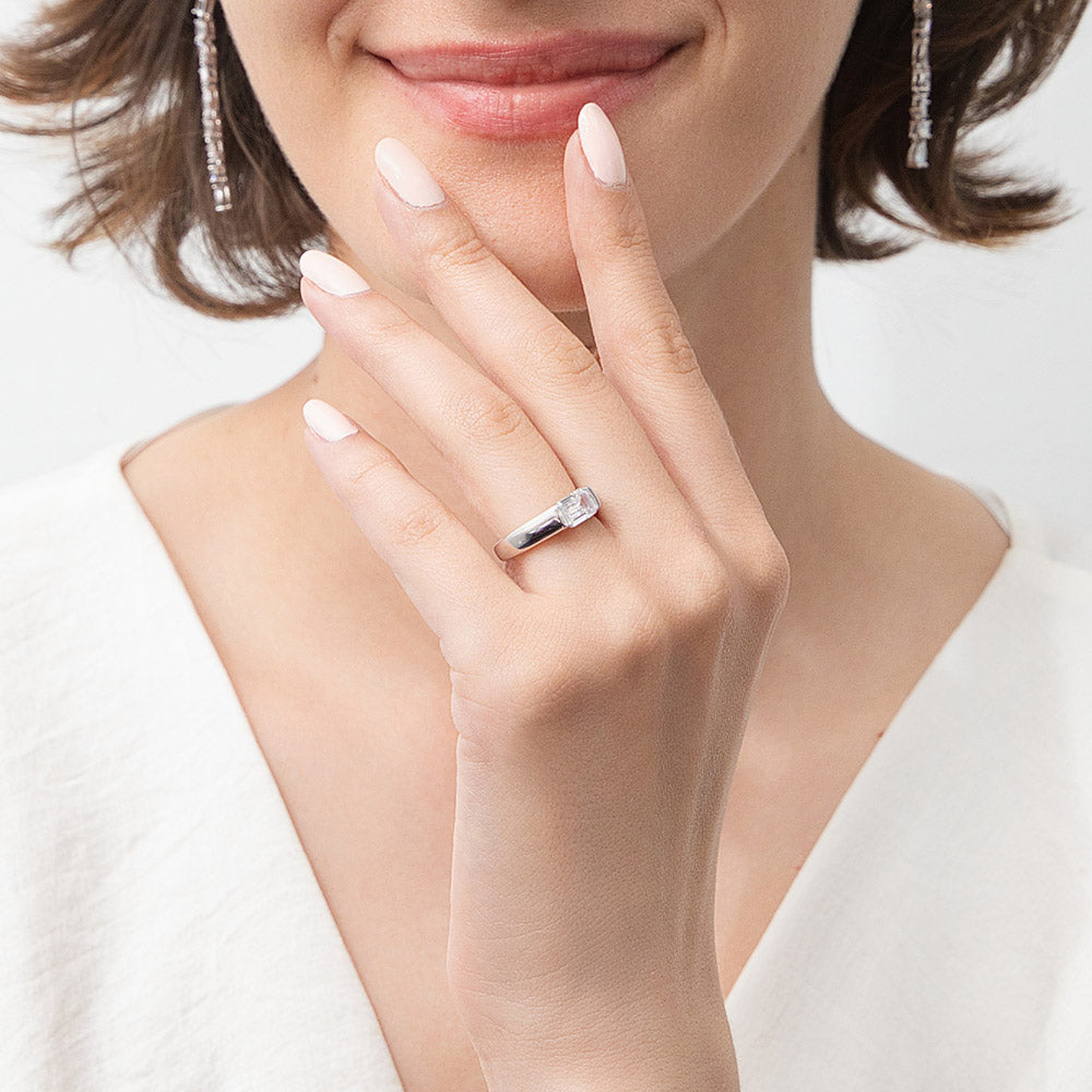 East-West Solitaire 1ct Bezel CZ Ring in Sterling Silver