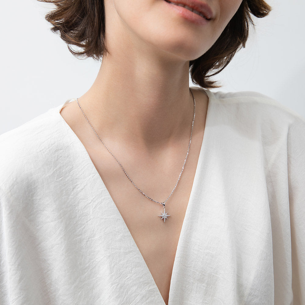 Model wearing North Star CZ Necklace in Sterling Silver, Yellow Gold Flashed
