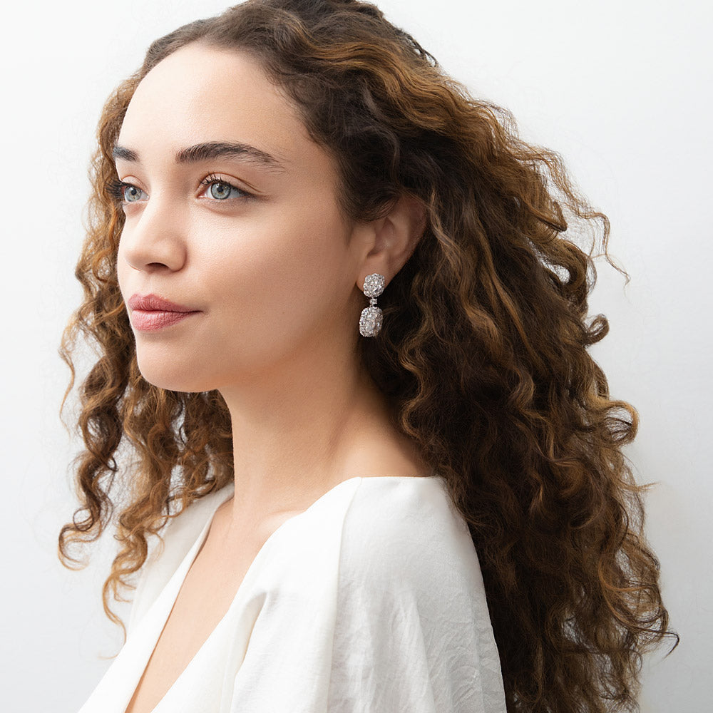 Halo Cushion CZ Chandelier Earrings in Sterling Silver